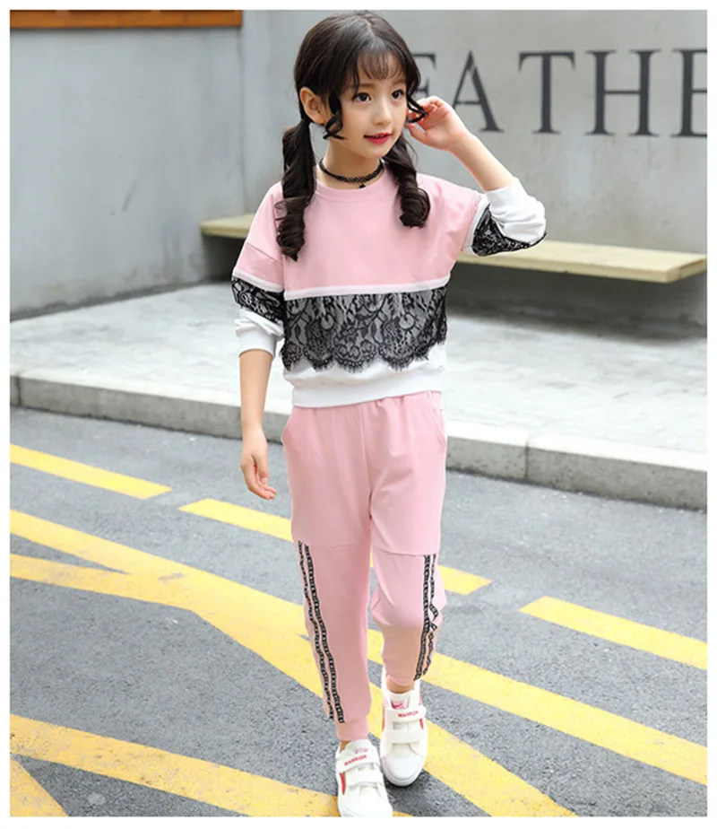 spring girls lace clothing sets kids clothes tracksuits sport suit (6)
