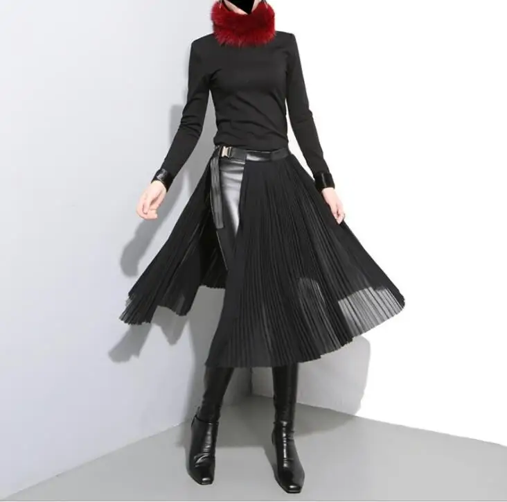 

New 2019 Korean Style Women Belt Adjustable Waist Girls Unique Midi Sexy Party Wear Skirts Black Pleated Chiffon Skirt Leather