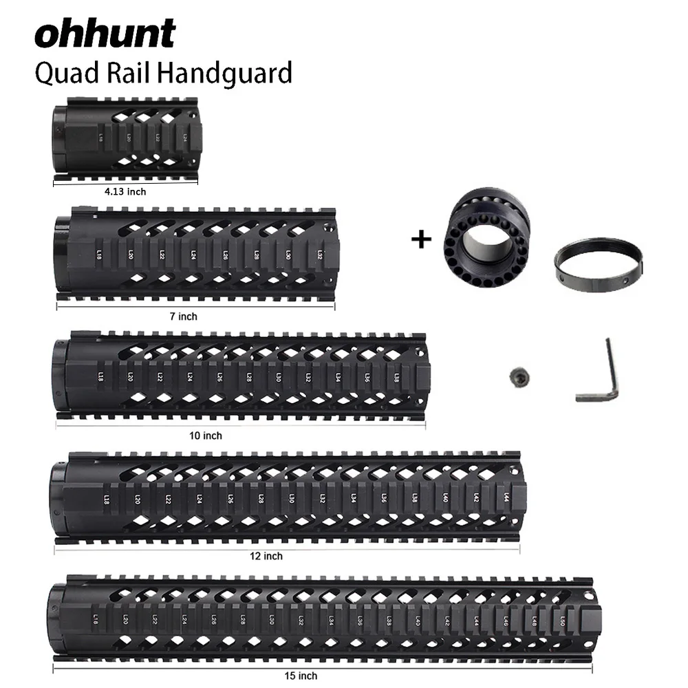 

ohhunt Tactical 4" 7" 10" 12" 15" Free Float Quad Rail Handguad M4 AR15 M16 Rail Mount Picatinny Rail Type Handguard RAS