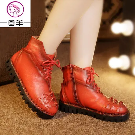 MUYANG/Китайская брендовая зимняя обувь; женские Ботинки martin из натуральной кожи; зимние ботинки; бархатные теплые женские ботинки в народном стиле - Цвет: Красный