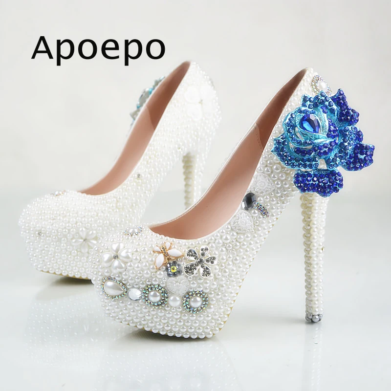 

New Blue Crystal Flower High Heel Shoes 2018 Luxury platform pumps for woman Round toe slip-on dress shoes thin heel shoes