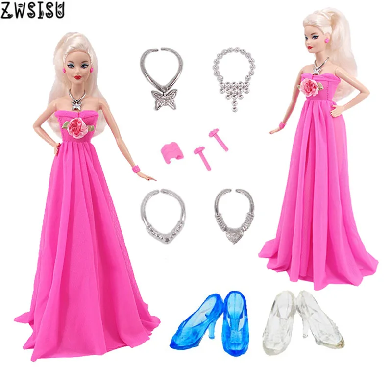 Кукольная одежда аксессуары 9 шт./компл. = 1 свадебное платье+ 4 колье+ серьги+ 1 браслет+ 2 с украшением в виде кристаллов обувь для куклы Барби для вечеринок для девушек, игрушка - Цвет: N887