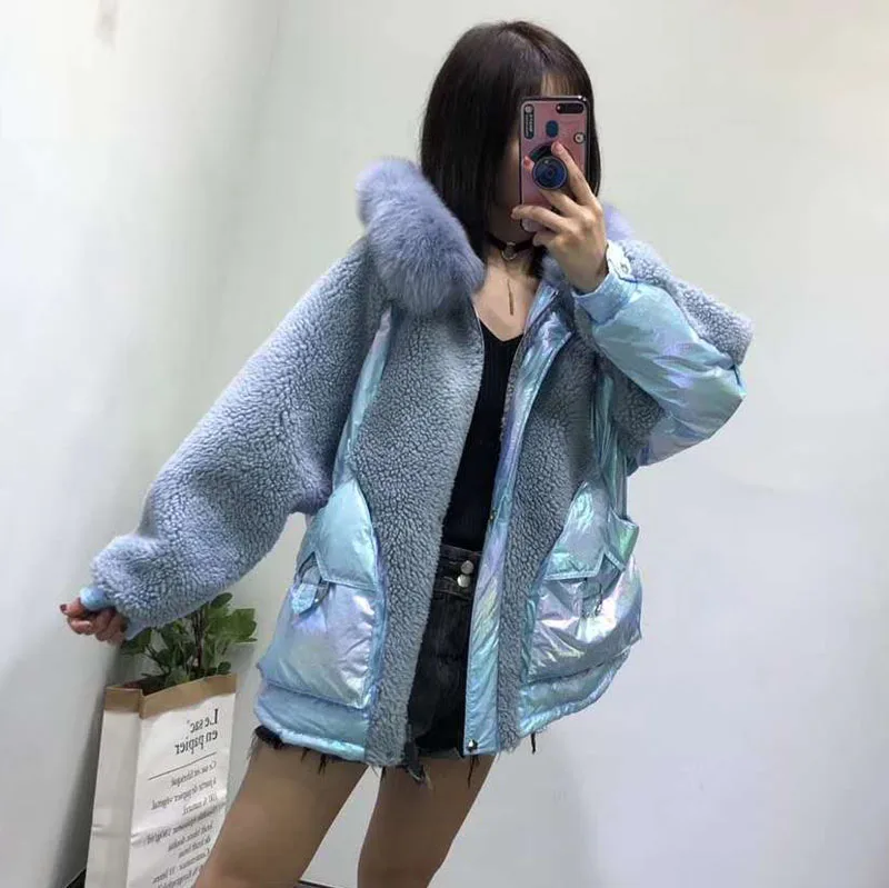 White duck down jacket sheep fur winter coat women new fashion wool blends hooded with natural geniune fox fur parka