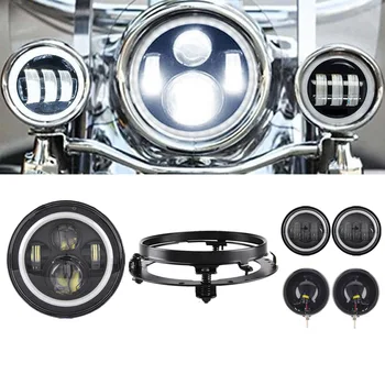 

7" inch Led Headlight Hi/Lo Beam with Bracket+ 4.5" Auxiliary Fog Spot Lamps Chrome with housing bucket