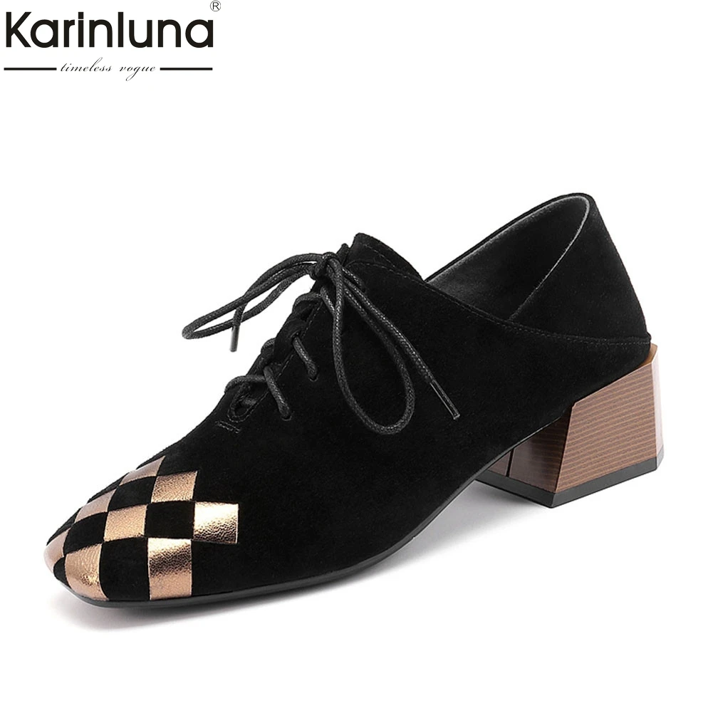 

brand big size 34-42 elegant kid suede leather ladies chunky heels lace up women shoes woman casual party ol autumn spring pumps