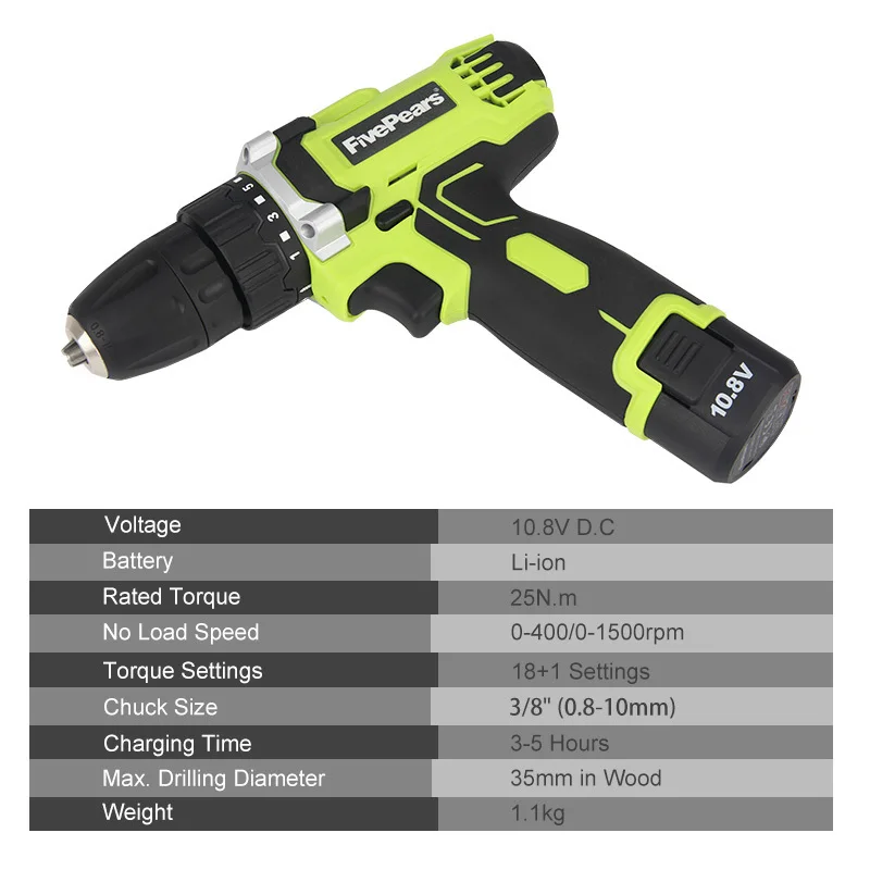 Fivepears 10.8-Volt DC Lithium-Ion Battery 10mm 2-Speed Electric Cordless Drill Mini Screwdriver Wireless Power Driver