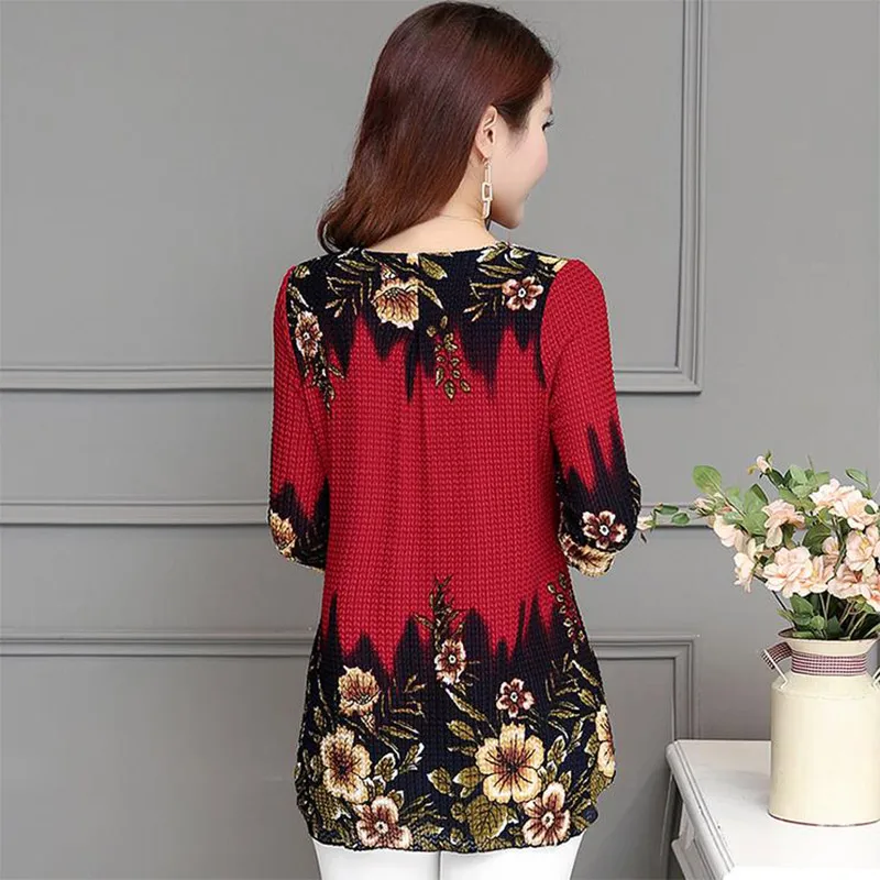  Plus Size 4XL Floral Split Women's Blouse Shirt 3/4 Sleeve Red Blue Womens Tops And Blouses 2019 Sp