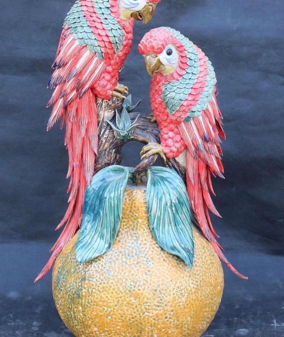 

20" China Wu Cai Porcelain Two poll parrot Psittaciformes Bird shaddock Statue