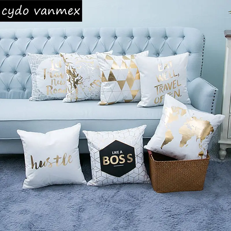 

shiny gold cushion cover quotes letter decorative throw pillow case soft short plush almofada white color map geometric cojines