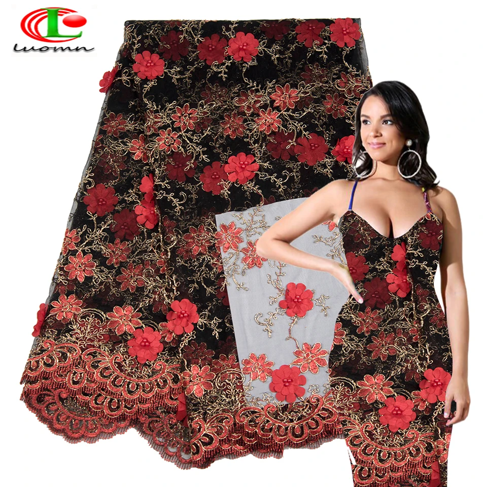 

2018 New style French net lace fabric 3D flower African tulle mesh lace fabric high quality african Golden lace fabric