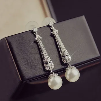 

Popular Pretty Vintage Hollow CZ stone Slender Long Straight Bar Earrings Pearl Drop Earrings Girl Women Party Jewelry