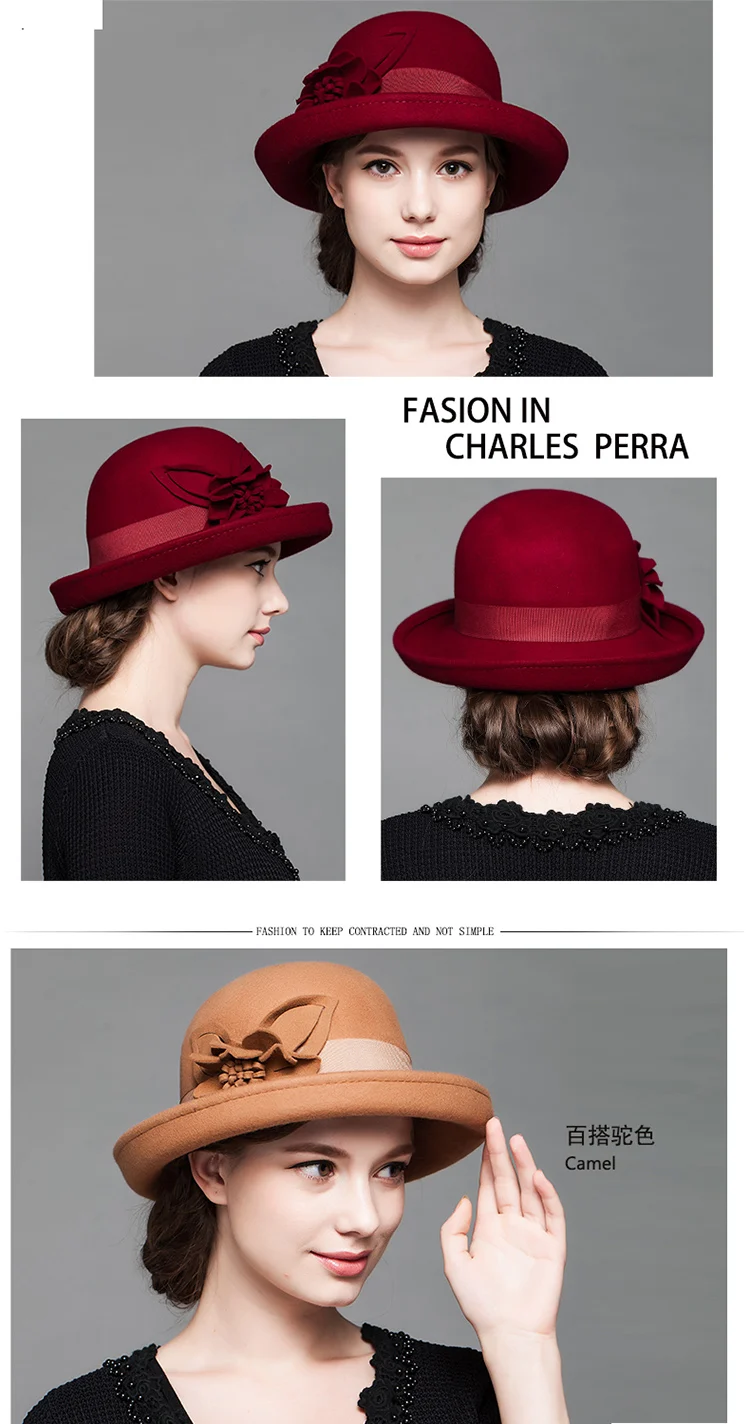 Осень-зима шерсть Шляпы фетровые для женщин шляпа черный цветок Birm защиты шапка теплая Bowler Floppy дамы churh Клош Шапки