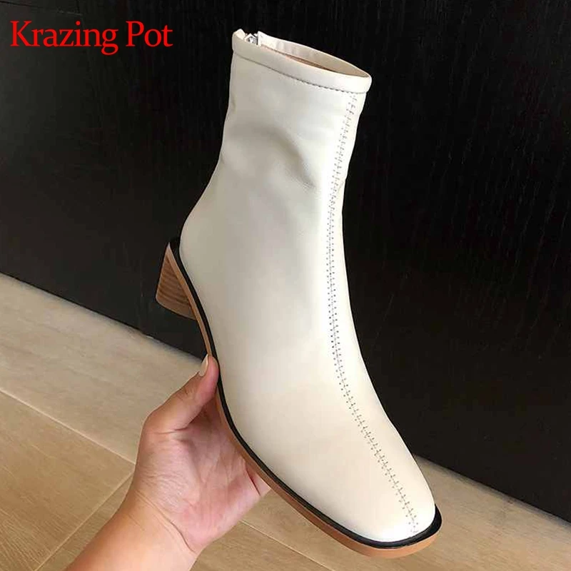 

krazing pot basic clothing fashion genuine leather med heel round toe zipper model runway vintage simple Chelsea ankle boots l12