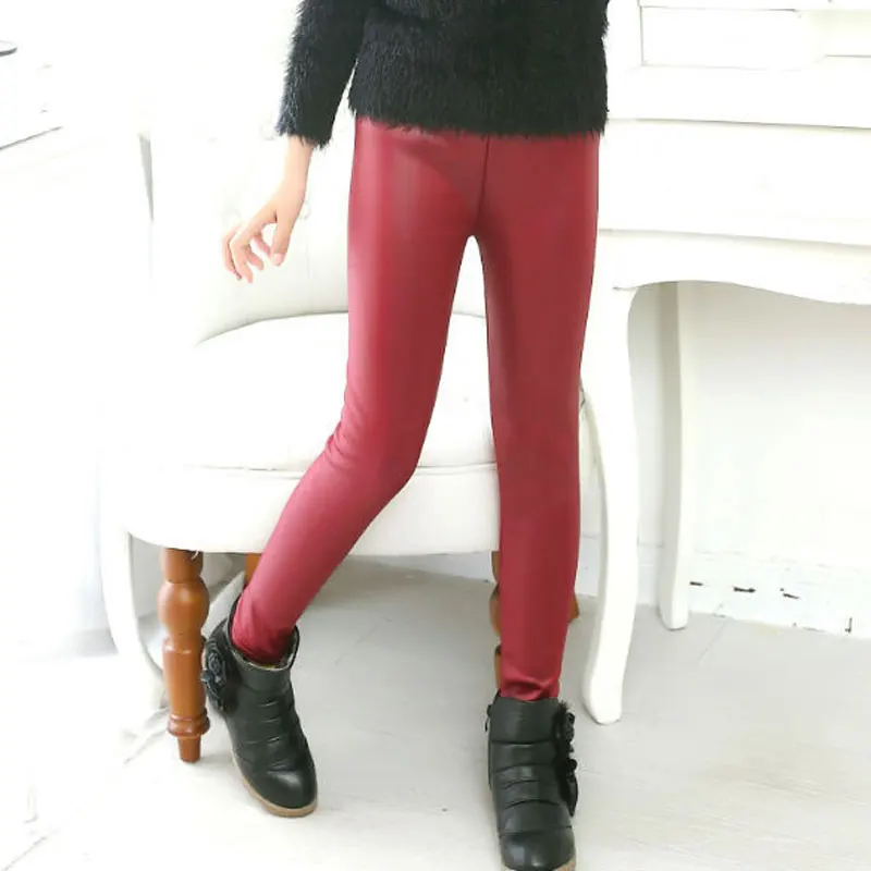 Straight PU Leather Girls Leggings Pencil Elastic Waist Kids Pants Girls Pants Legging Winter Autumn Fall Kids Fashion Mid Waist (2)