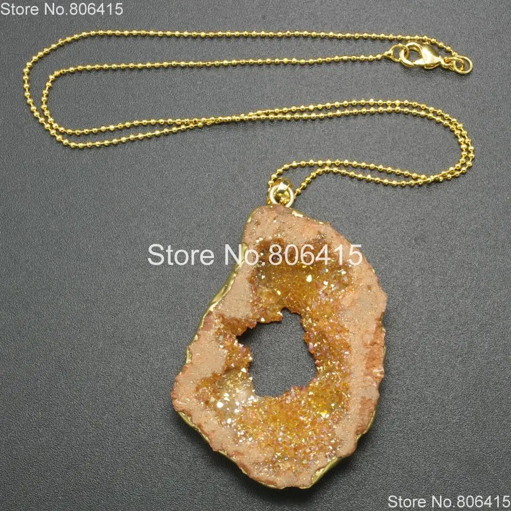 Natural Druzy Quartz Agate Geode Nugget Pendant Necklace 18K Gold Healing Beads 