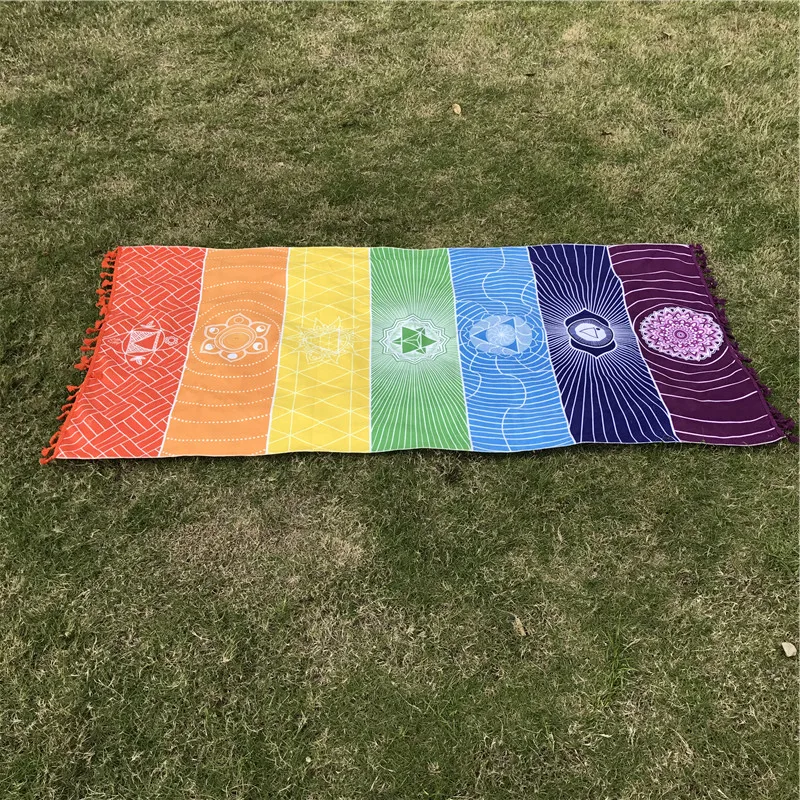 Billig Mikrofaser Stoff Material Böhmen Indien Mandala Decke 7 Chakra Regenbogen Streifen Tapisserie Strand Handtuch Yoga Matte Bad Handtuch