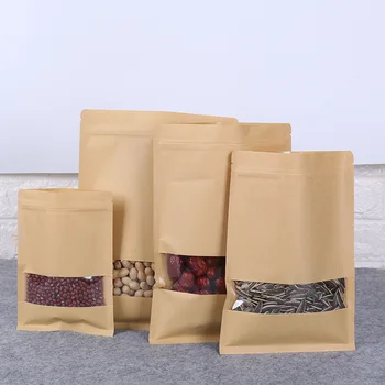 

100pcs Flat bottom window thick kraft paper ziplock bag coffee candy nut food packaging bags