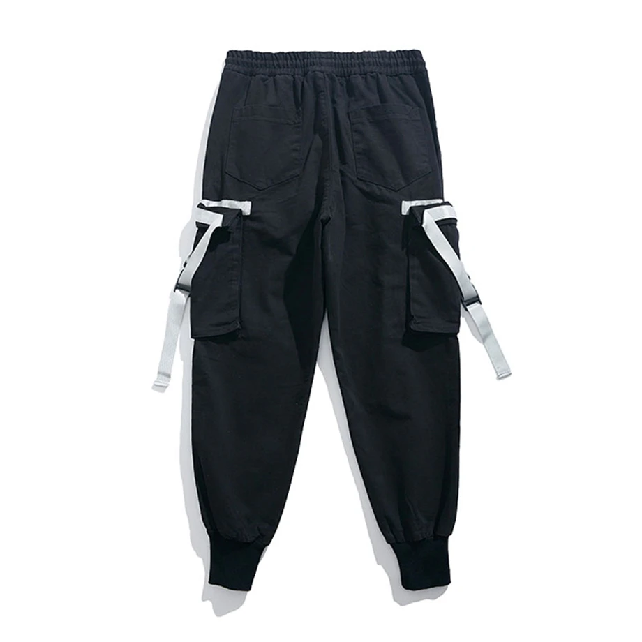 Уличная карго Мужские штаны для бега с лентами карман черные спортивные штаны шаровары Харадзюку мужские 2019 хип хоп брюки американский