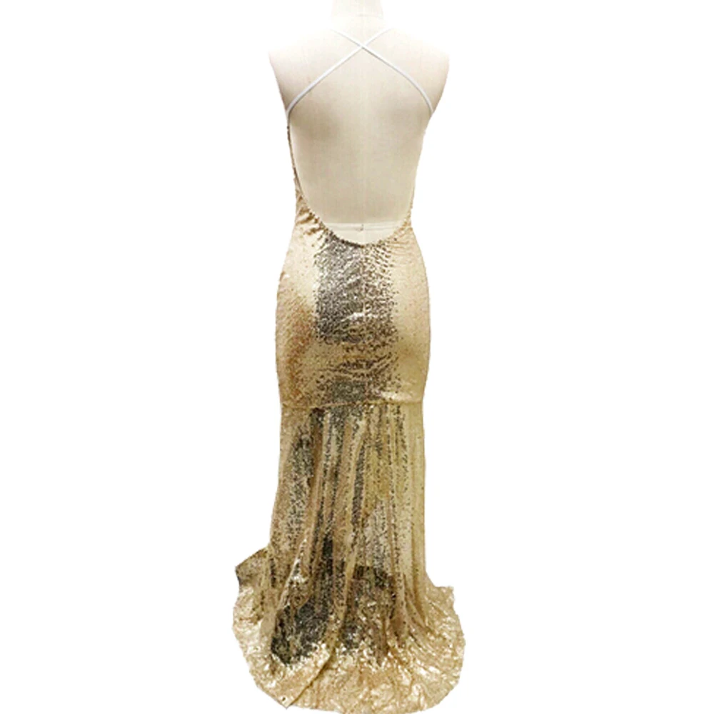 Сексуальная клубная одежда, вечерние женские платья с золотыми блестками и глубоким v-образным вырезом, Скручивающиеся спереди, с высоким разрезом, с длинным рукавом, с открытой спиной, на бретелях, макси-платье, XL