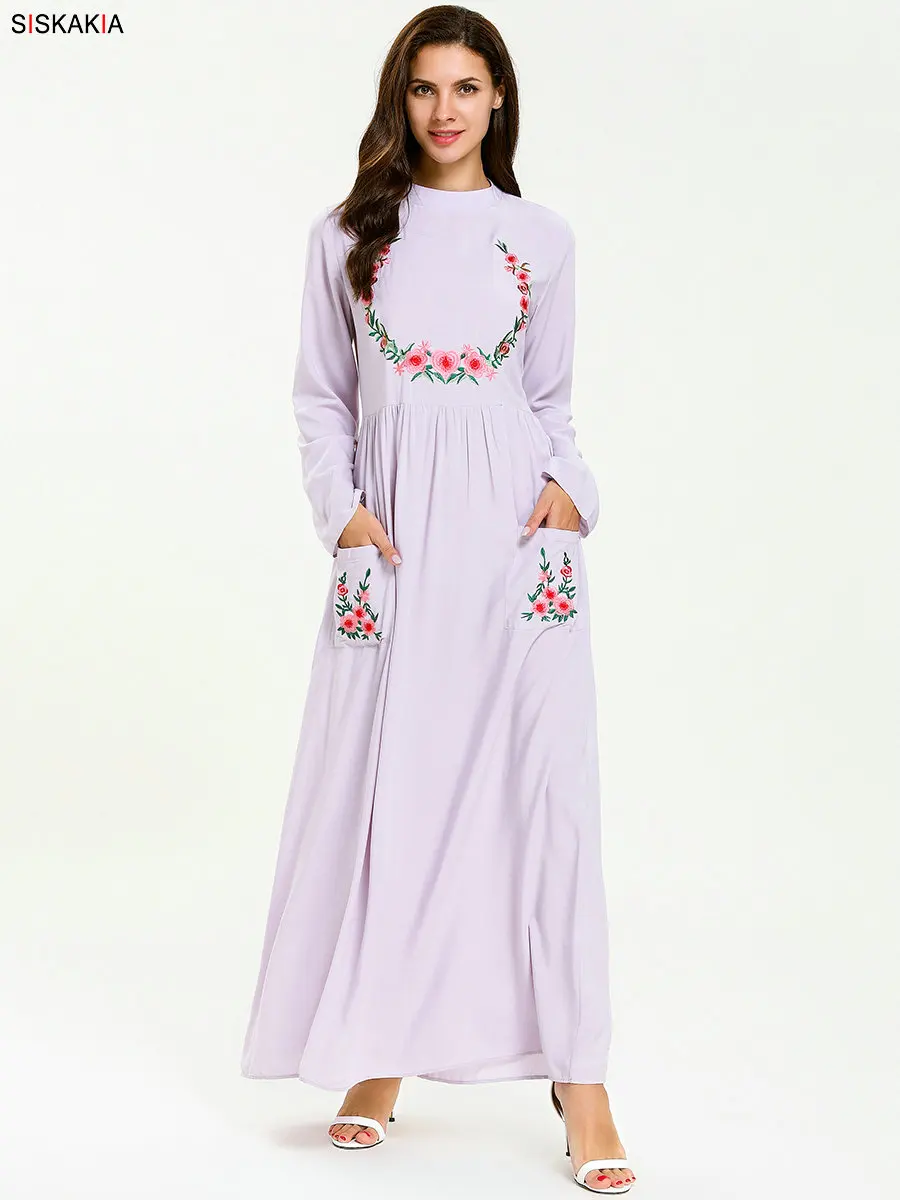 Mother Daughter Dresses Fall Cute Pockets Patch Floral Embroidery Full Sleeve Dress Elegant Family Matching Clothes Muslim