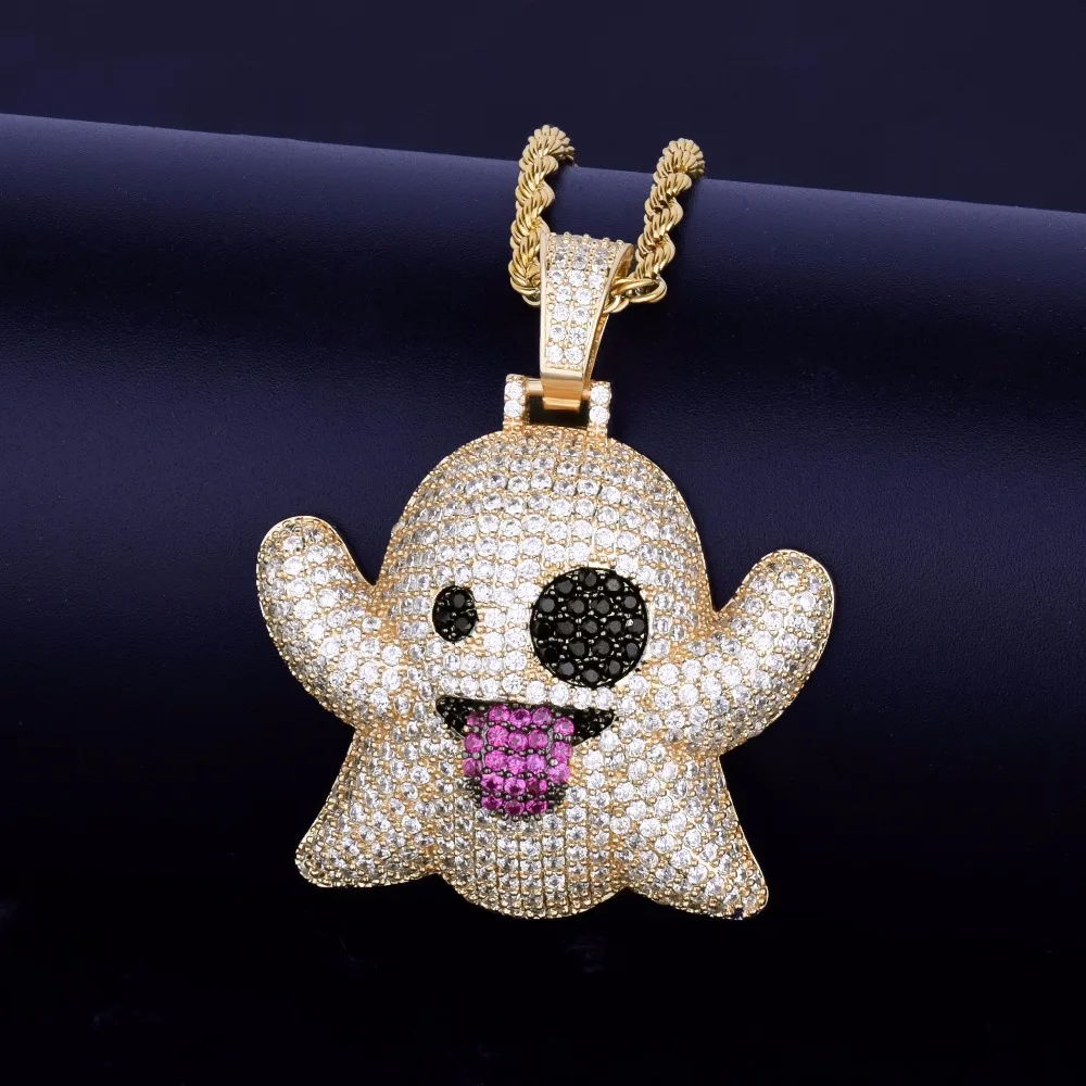

QMHJE Face Emoji Ghost Pendant Chain Necklace Bling Iced Out Cubic Zircon Women Men Hip Hop Jewelry Gold Silver Color DAN006
