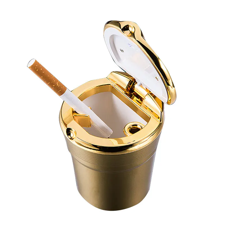2017 Mini Metal Car Ashtray With LED Lamp Portable Golden Silver