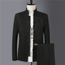 Мужской классический костюм с вышивкой мужской Модный повседневный костюм с воротником мужская куртка и штаны в китайском ретро-стиле