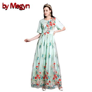 

by Megyn 2019 Brand Designer Runway Spring Summer Floral Embroidery Dresses Womens Flare Sleeve Short Sleeve O-Neck Dress LD619