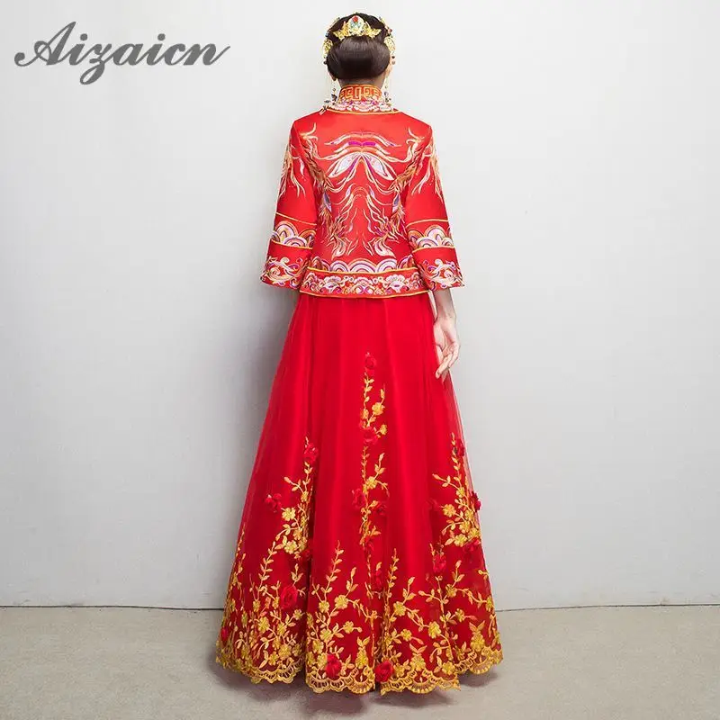 Красная модная традиционная китайская невеста, свадебное платье с золотой вышивкой Cheongsam атласное восточное платье женские платья Qipao S-3XL