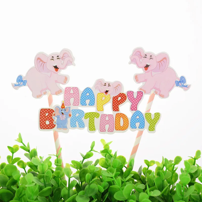 

1pc DIY Sweety Pink Elephants Happy Birthday Cake Flag Girl Baby Shower Cake Topper Birthday Party Cake Baking Decor