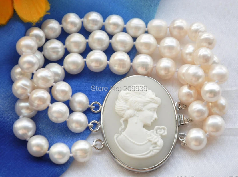 

huij 00803 3row 8" 10mm WHITE ROUND FRESHWATER PEARL BRACELET