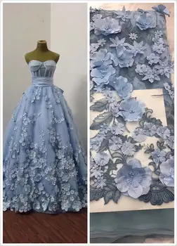 

3D floral light blue lace fabric with 3D beads floral appliques mesh embroidered lace fabric for bridal wedding fabrics