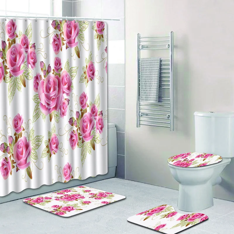 

Bathroom Curtain Set Kit Flowers Shower Waterproof Fabric Polyester Bath Curtain Carpet Toilet Cover Mat Footrest