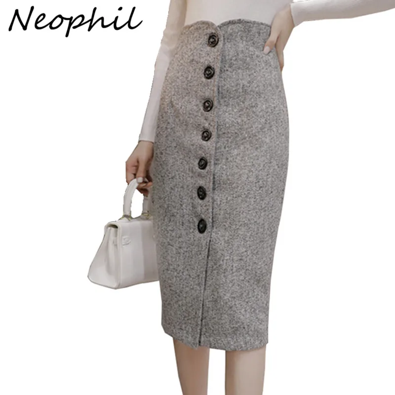 

Neophil High Waist Woolen Button Pencil Midi Skirts Office Ladies Office Elegant Grey 2019 Winter Wool Wrap Skirts Faldas S1738