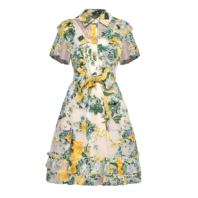

HIGH QUALITY Newest Fashion 2019 Designer Runway Dress Women's Short Sleeve Shirt Collar Buttons Floral Print Mesh Dress