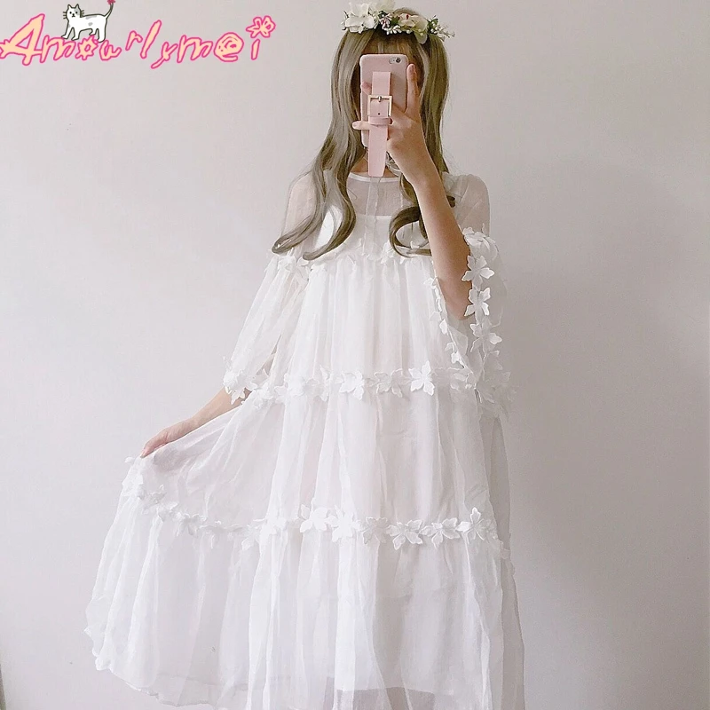 

Japanese Style Mori Girl Sweet Flower Flare Sleeve Summer Women Dresses Kawaii Fairy Princess Lolita Dress Vestidos Femininos