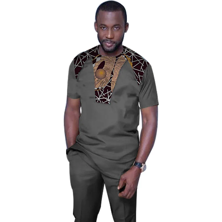 African Fashion Print Tops Men Short Sleeve Shirt Black Tees Patchwork