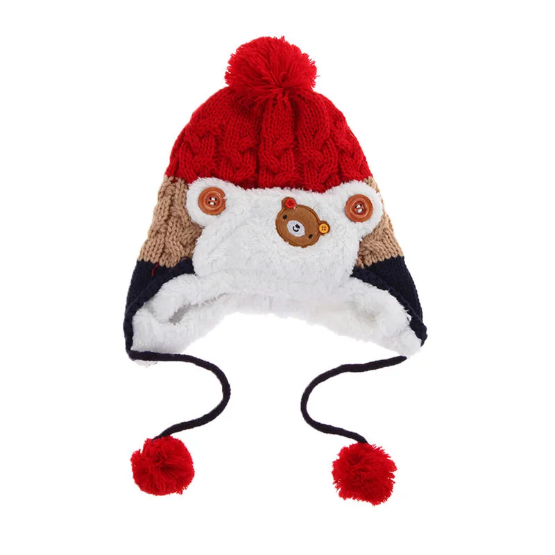Детская зимняя шапка для маленьких мальчиков Обувь для девочек мультфильм вязать Earflap Hat новорожденных Полосатый шерстяной Шапки Детские теплые шапочки шапки+ шарф Twinset