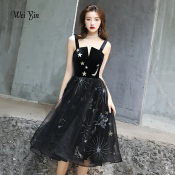 

weiyin 2020 New Black Evening Dresses Short A-line Backless Prom Party Dress Evening Gown Vestido De Festa WY1475