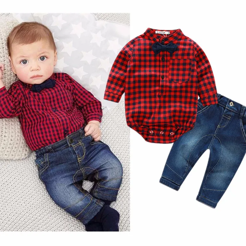 Одежда для новорожденных Новорожденных одежда В красную клетку комбинезон футболки+ джинсы одежда для маленьких мальчиков Bebes комплект одежды