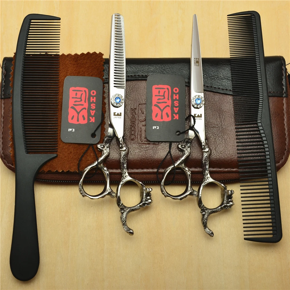 

4Pcs Suit 6'' Silvery Professional Human Hair Scissors Hairdressing Shears Combs +Cutting +Thinning Scissors Dragon Handle H9003