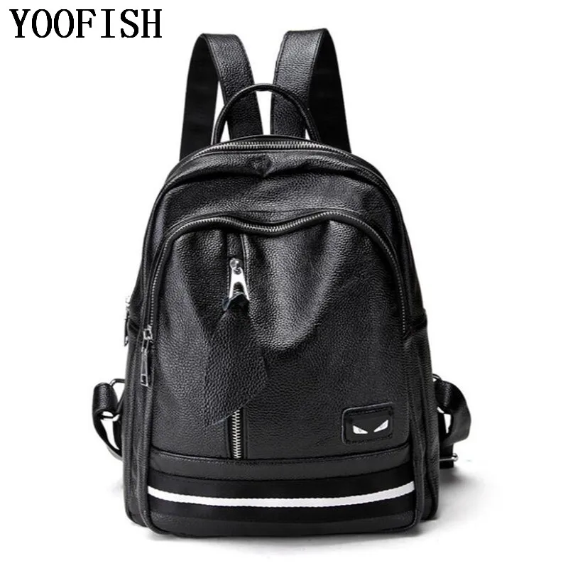 

YOOFISH Genuine Leather Backpack Large Capacity Black Shoulder Bag Women Casual Backpack Teenage Girls School Travel Bags