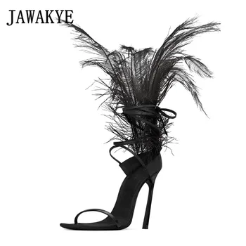 

JAWAKYE Black Feather Sandals for women Ostrich hair decor Thin high heels dance Shoes ladies Fur sandals T Show Party Shoes