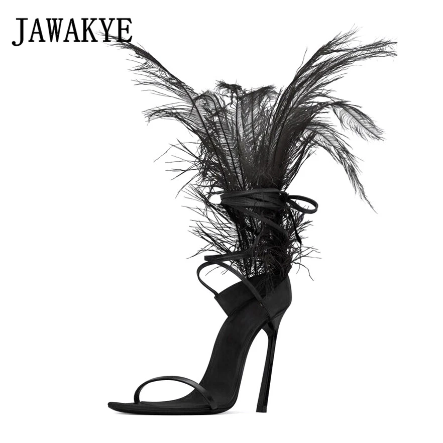 high heel sandals with feathers