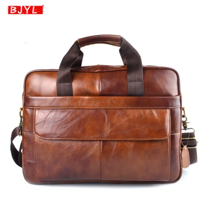 

BJYL Business Genuine Leather Men's briefcases laptop handbag brown Cowhide leather Office shoulder bag vintage travel briefcase