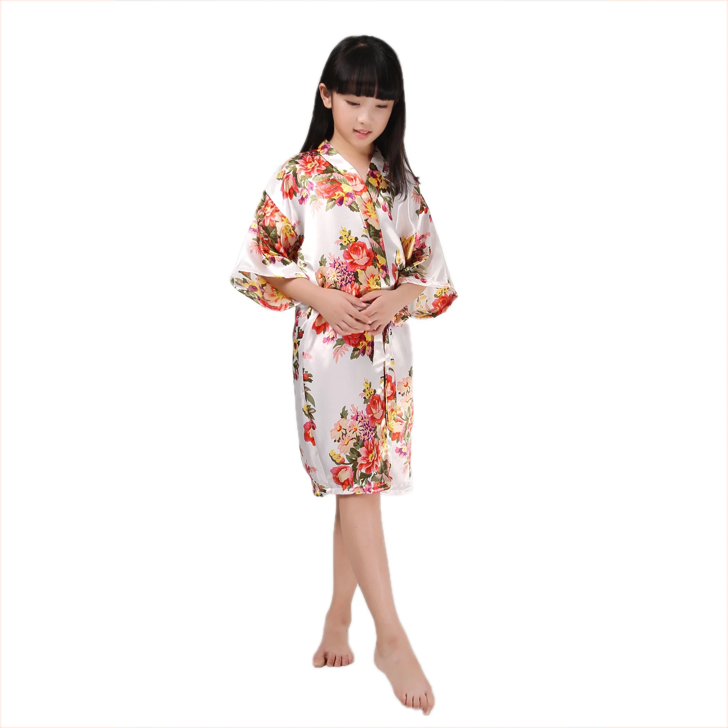 Малышей Дети Девочки v-образным вырезом Половина рукава пижамы Малыш Шелковый Цветочный воротником пижамы - Цвет: Белый