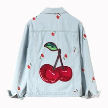 Новая весенне-осенняя универсальная женская верхняя одежда с блестками и вышивкой вишни, свободная джинсовая куртка, джинсовые пальто