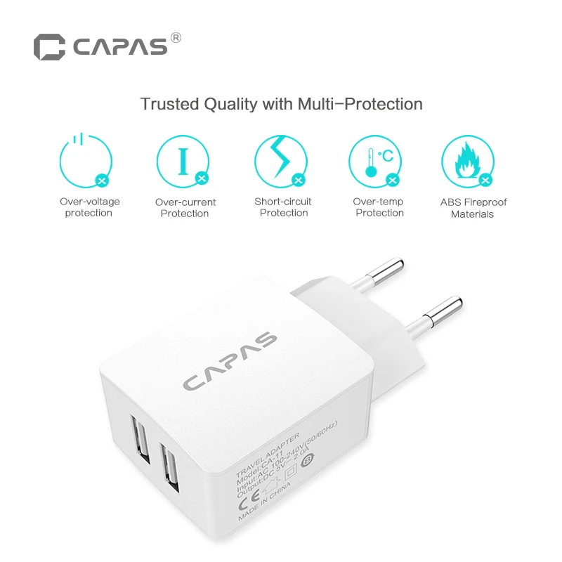 

5V 2A Universal USB EU Charger CAPAS Travel Wall Charger Adapter Dual 2 Port EU Plug Smart Cell Phone Charger for iPhone Tablet