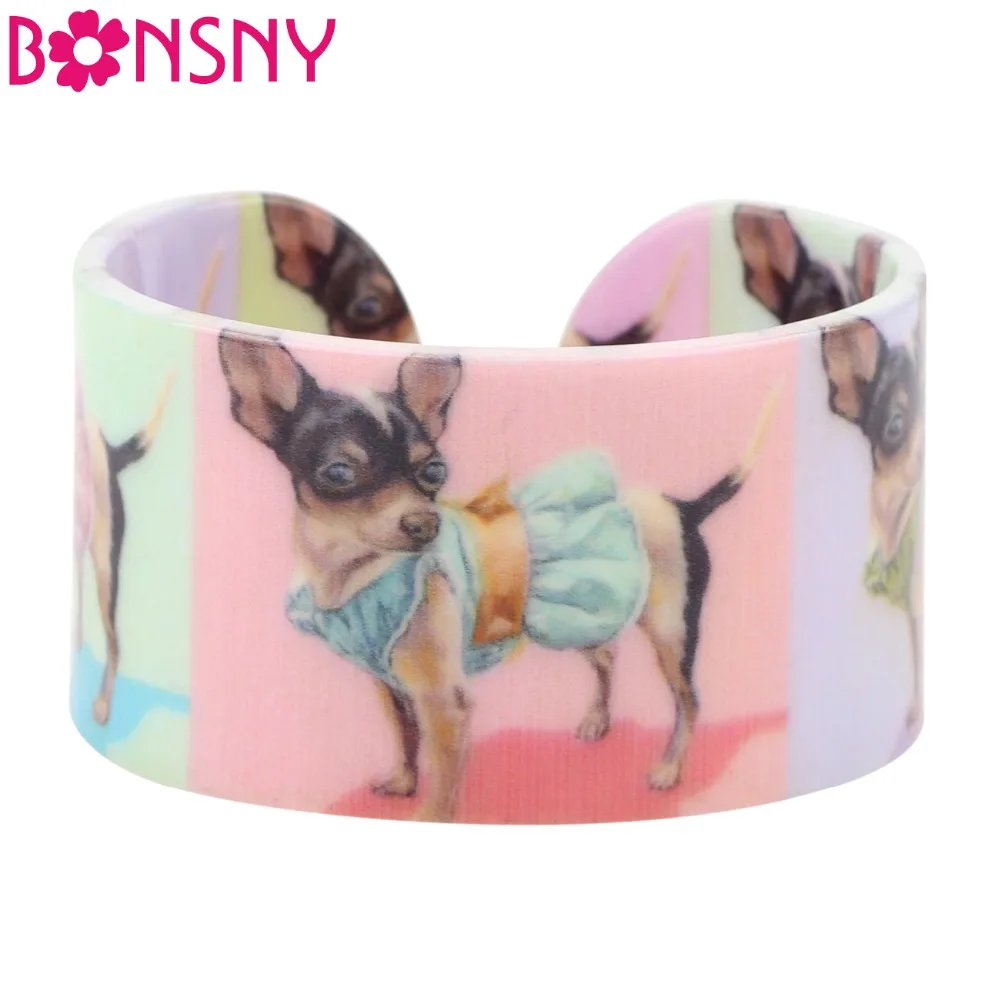 Bonsny Wide Acrylic Chihuahua Dog Pattern Cute Bracelets Bangles Jewelry For Women New 2017 Charm Cute Jewelry Gifts Accessories