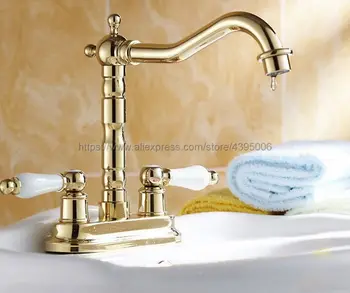 

Gold Color Brass Dual Handle Swivel Bathroom Kitchen Sink Faucet Mixer Tap 2 Hole Hot and Cold Water Bnf262